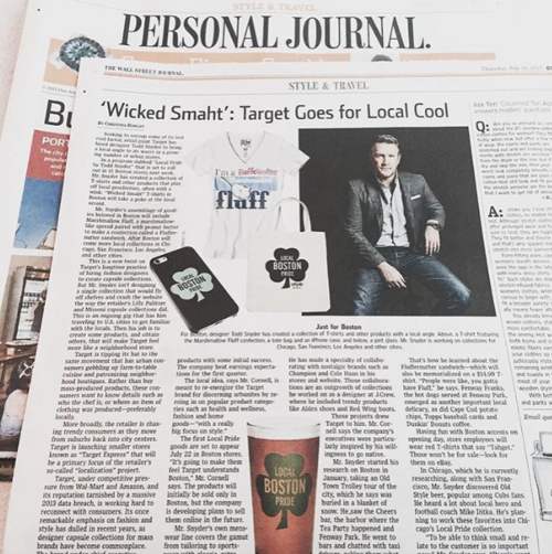 Newspaper article titled 'Wicked Smaht: Target Goes for Local Cool' in the Wall Street Journal, featuring images of a t-shirt, tote bag, cell phone case, and coffee cup, all with Boston-themed designs. The article discusses local marketing strategies