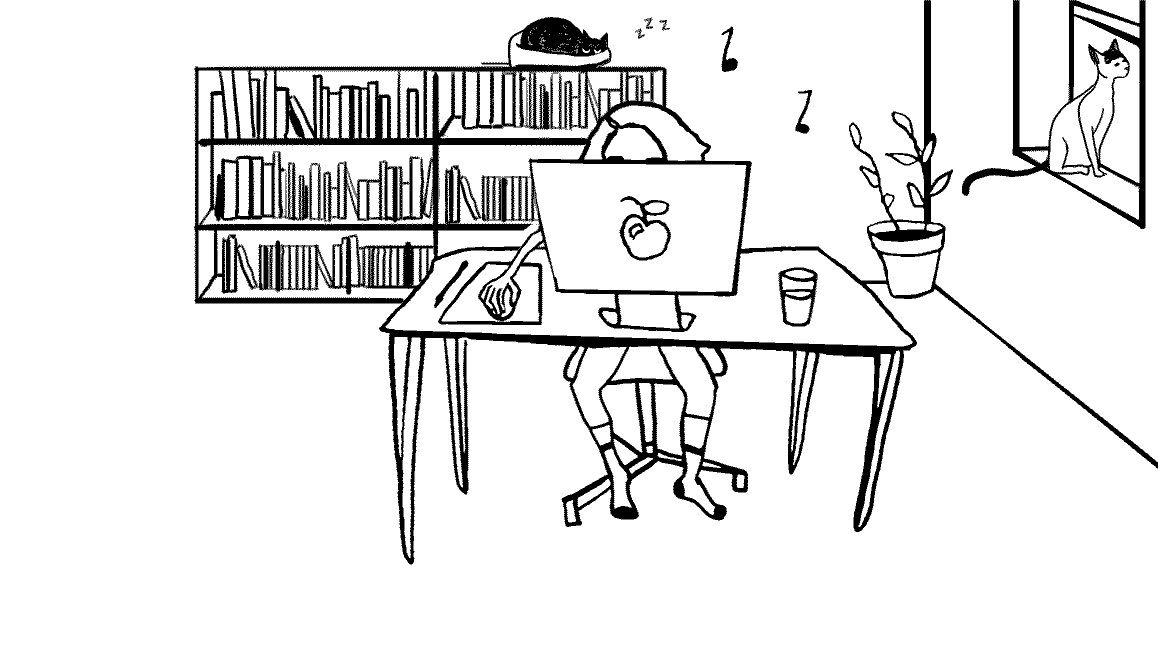 Illustration of a person sitting at a desk with a computer showing an apple icon, bookshelf in the background, sleeping cat on top of the shelf, musical notes, potted plant, and a cat looking in from the window.