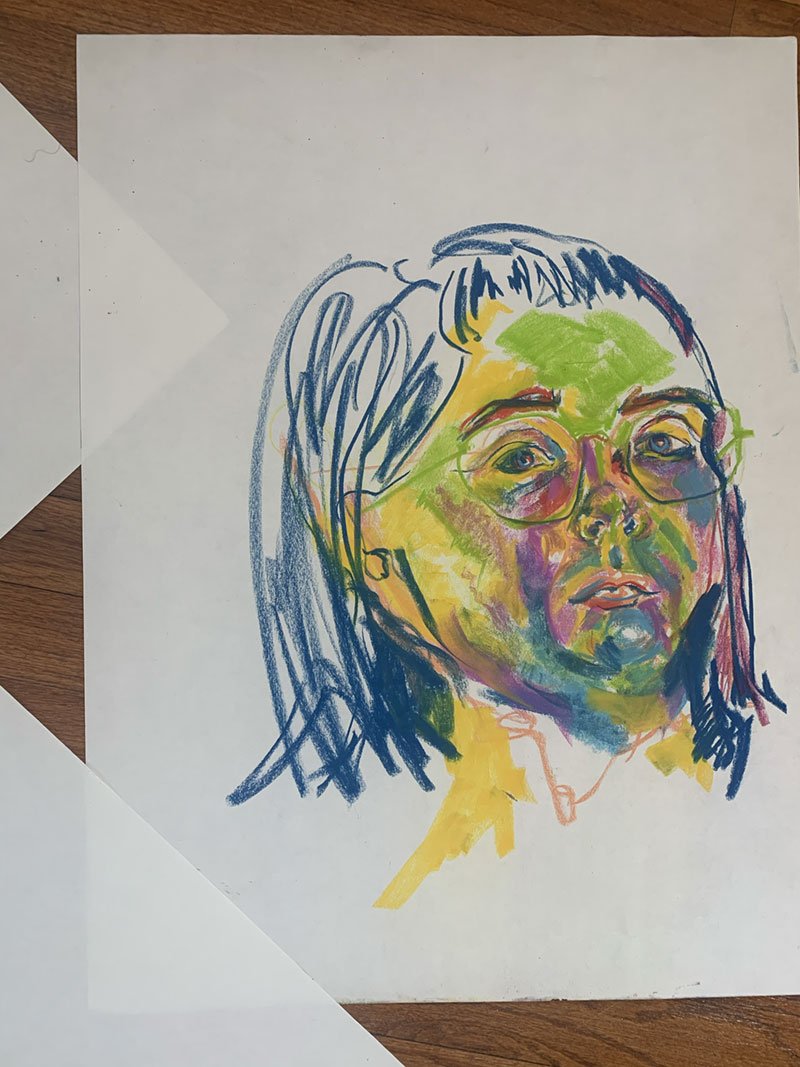 Colorful abstract portrait drawing of a person with glasses, using vibrant colors like green, yellow, pink, and blue on a white background.