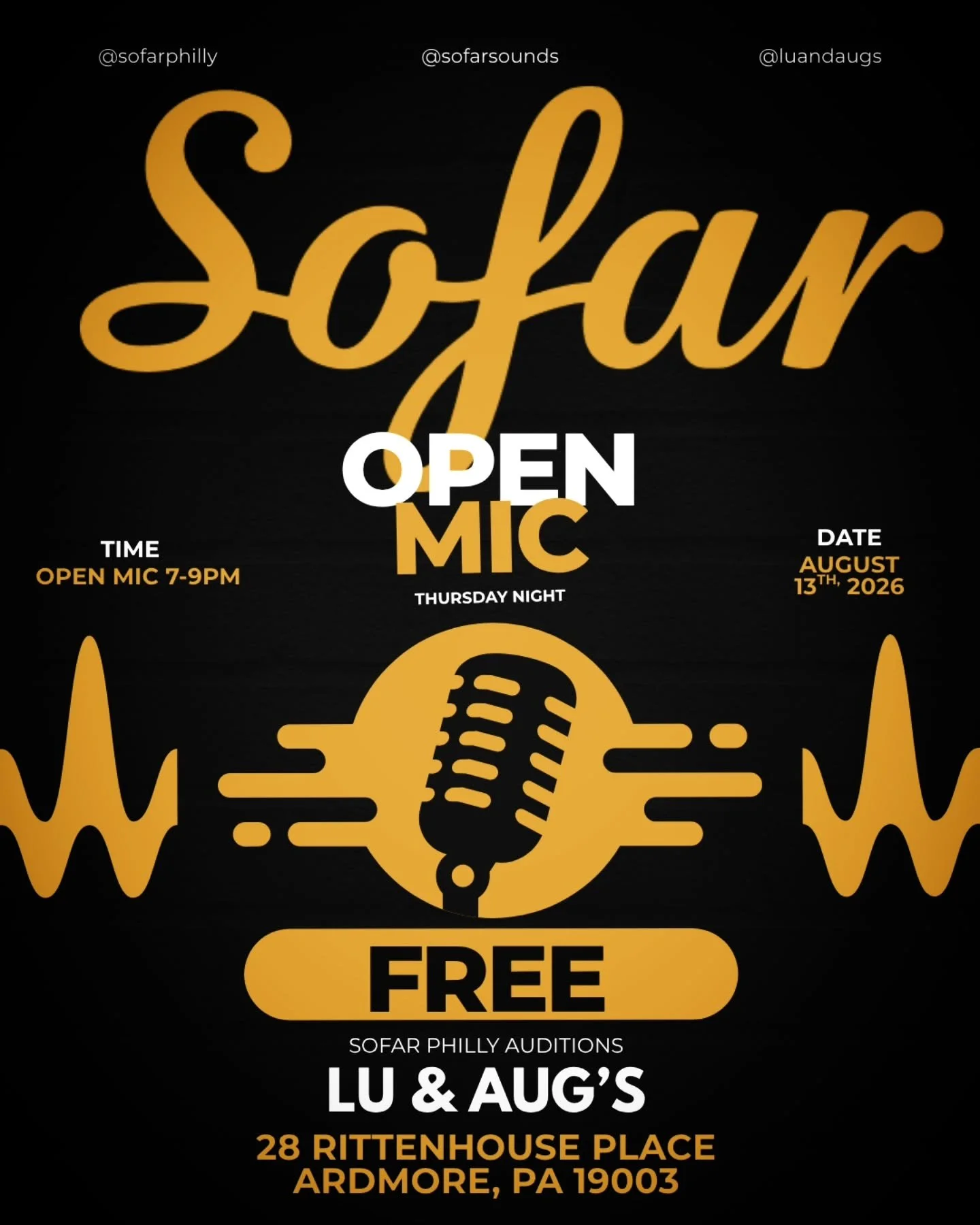 SOFAR SOUNDS PHILLY &times; LU &amp; AUG&rsquo;S 🎤🍦 

This Thursday from 7-9PM, for the FIRST TIME EVER , @sofarphilly is hosting an Open Mic Audition Night!

Sofar has helped launch some seriously big artists and tomorrow could be your shot to get
