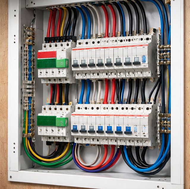 gray metal breaker panel with numbered switches open