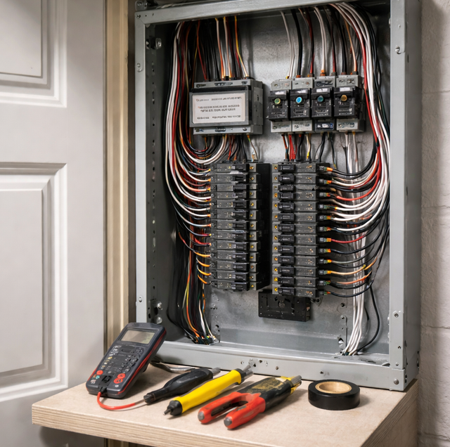 electrician inspecting residential service panel with flashlight