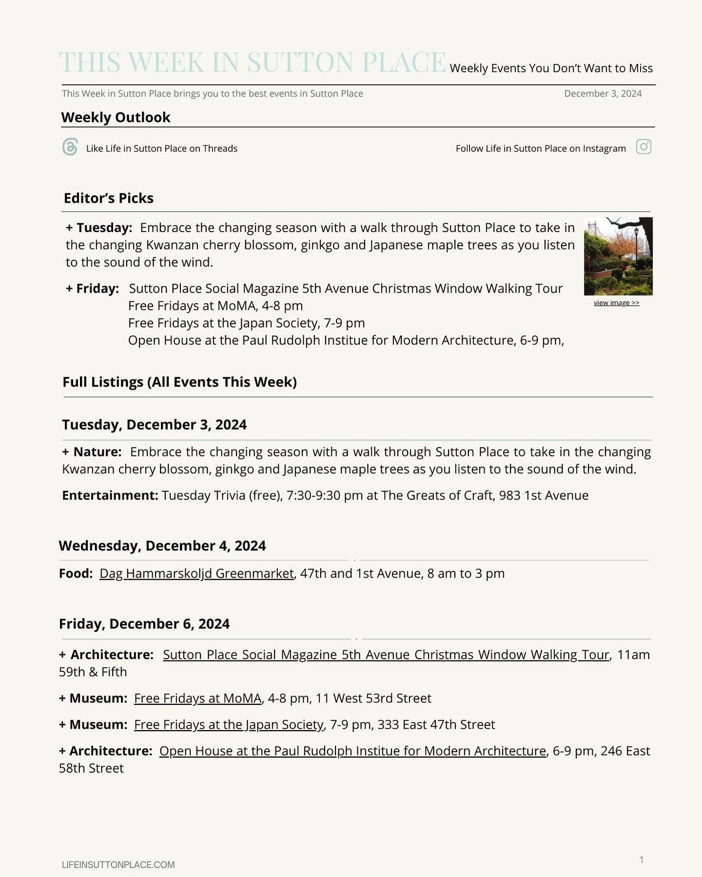 Everything you don&rsquo;t want to miss in Sutton Place this week Tuesday, December 3 to Monday, December 9.  Editor&rsquo;s picks include:

🌸Embrace the changing season with a walk through Sutton Place to take in the changing Kwanzan cherry blossom