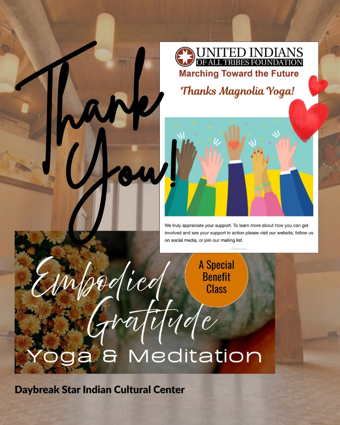 To our members who participated in our recent yoga and meditation fundraiser, Embodied Gratitude, THANK YOU for helping us raise $$ for Daybreak Star!
A big THANK YOU also to instructor Katey Peck for leading the meaningful event. 
We are grateful fo