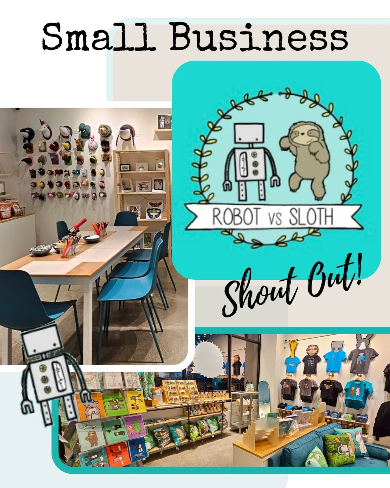 A colorful space full of toys, clothing, books, art and various gifts featuring the beloved sloth (and other animals real and imagined), Robot vs Sloth found its second home in Magnolia last summer. Its first home is in the Pike Place Market. 
Aside 