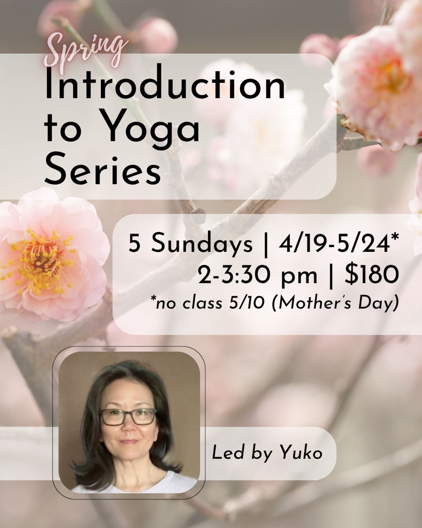 Returning in April ~ Intro Series to deepen your yoga knowledge, begin or resume your yoga journey this spring with the Intro series over 5 Sundays. 
We will cover all the basics of yoga &mdash; poses and alignment, breathing techniques, meditation, 