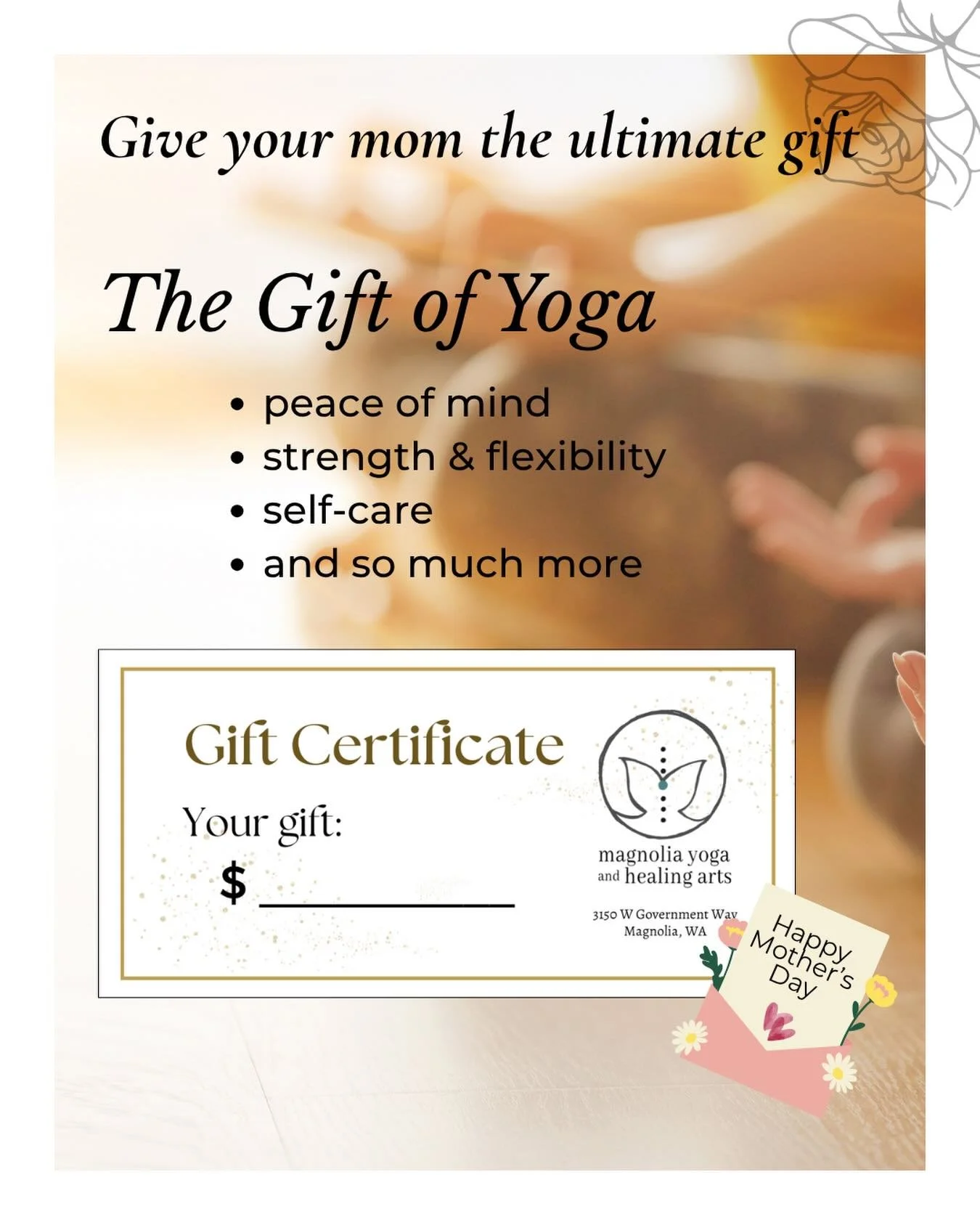 Gift cards start at $50. Available on our website: https://www.magnoliayogaandhealingarts.com/gift-cards
👉🔗bio
.
.
.
#mothersdaygiftideas #giftofyoga #seattleyogastudio