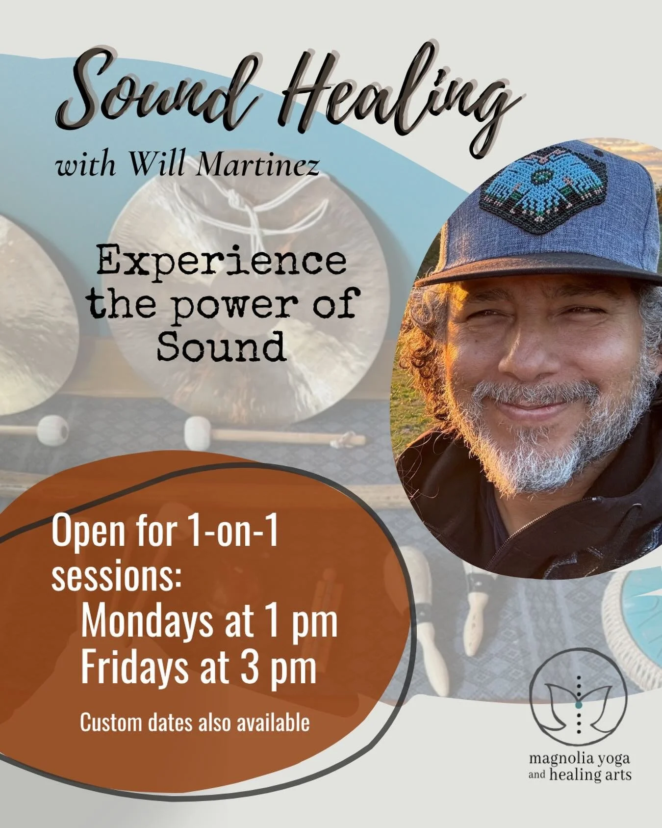Will creates a gentle and therapeutic soundscape using musical bowls and resonating instruments made from metal alloy and other natural materials. 
He is open on Mondays and Fridays for direct and easy booking on our booking site: 
https://studiobook