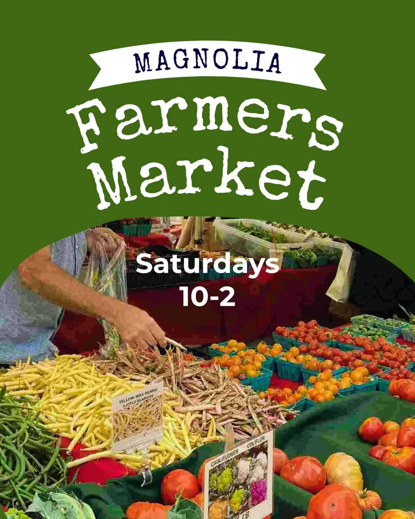 It&rsquo;s not really summer until the Farmers Market comes to Magnolia!
From this Saturday until early October, find your fresh fruits, vegetables, meats, cheese, lunch and snacks and so much more in the Village. 
And look for our little sign on the