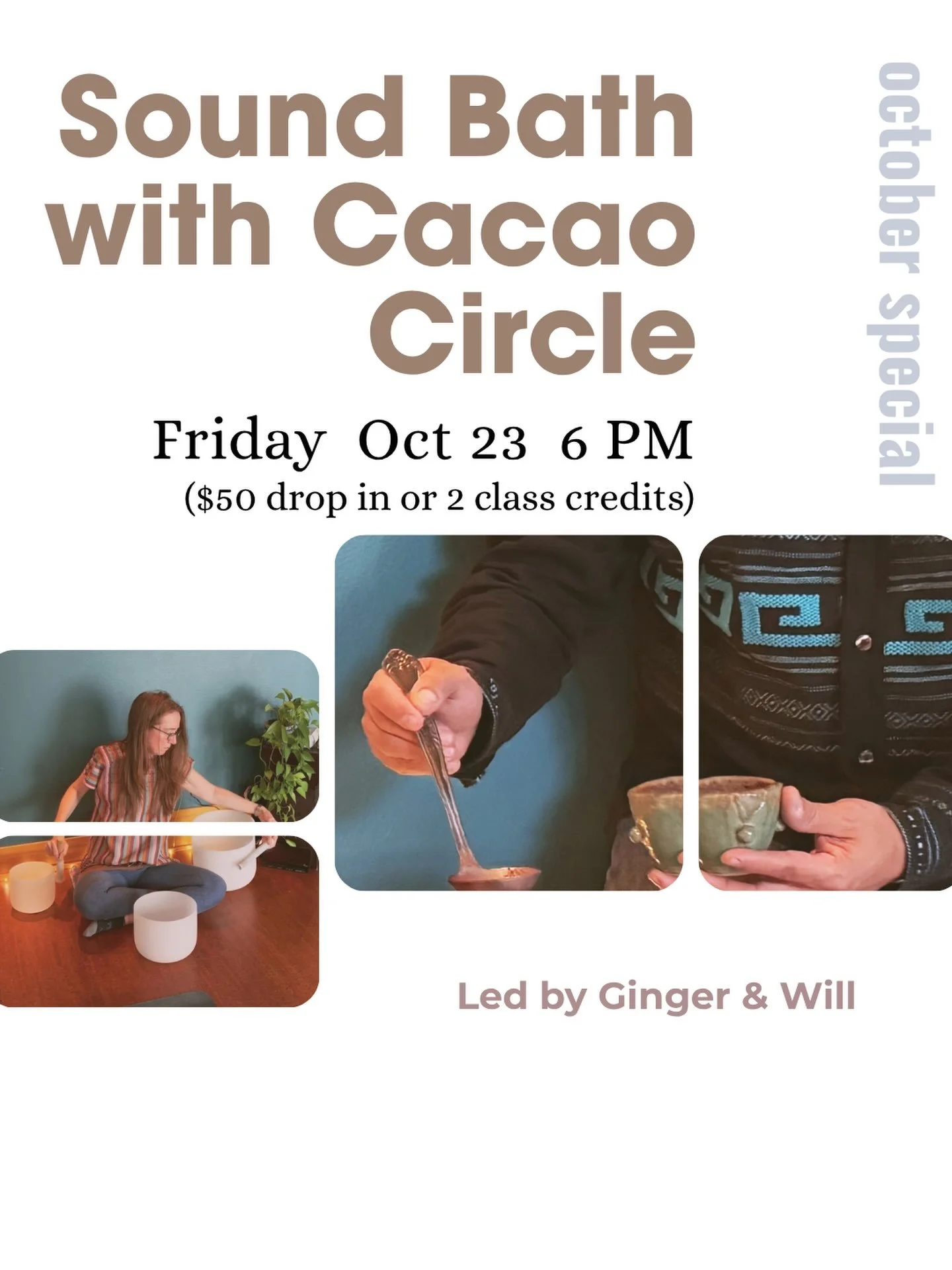 Join Ginger and Will for an evening that combines the benefits of sacred cacao and Sound Bath. 
Buy a $50 drop or 2 class credits: https://www.studiobookingonline.com/magnoliayogaandhealingarts/calendar
.
.
#soundbath #cacaocircle #seattleyogastudio 