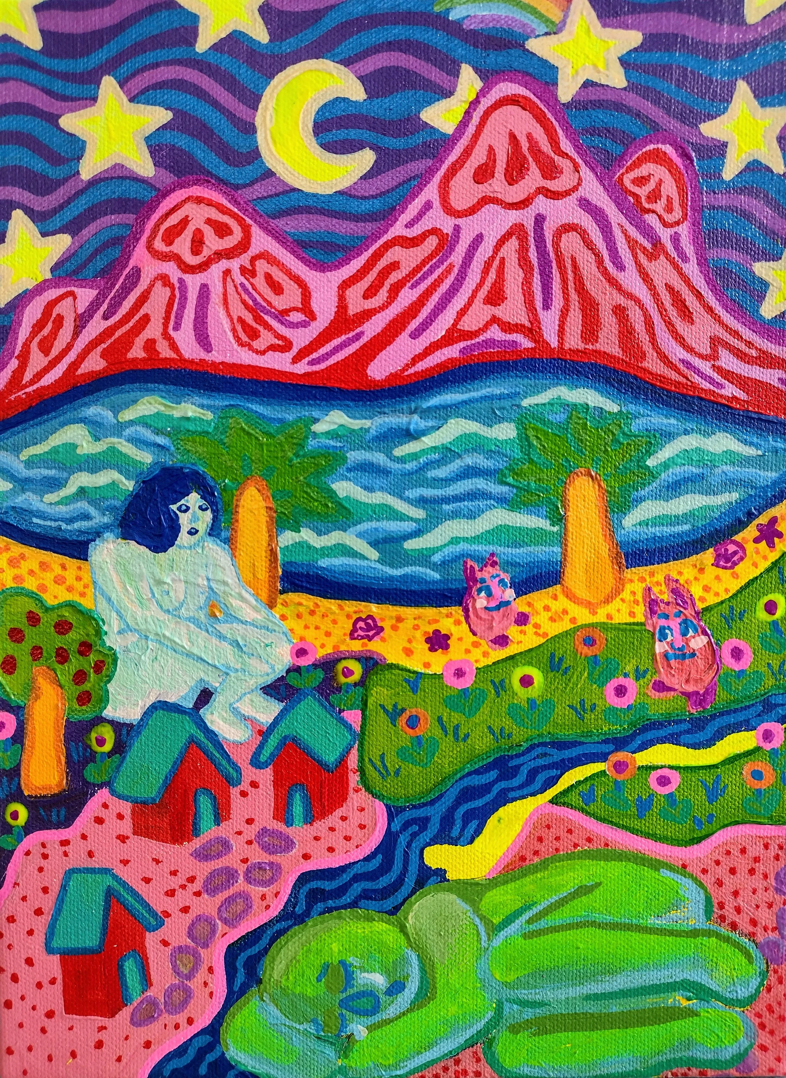 A painting of a fantastical scene with a sleeping green figure in the foreground, a blue nude figure in the middle ground surrounded by houses, and behind them a blue river and pink mountains.