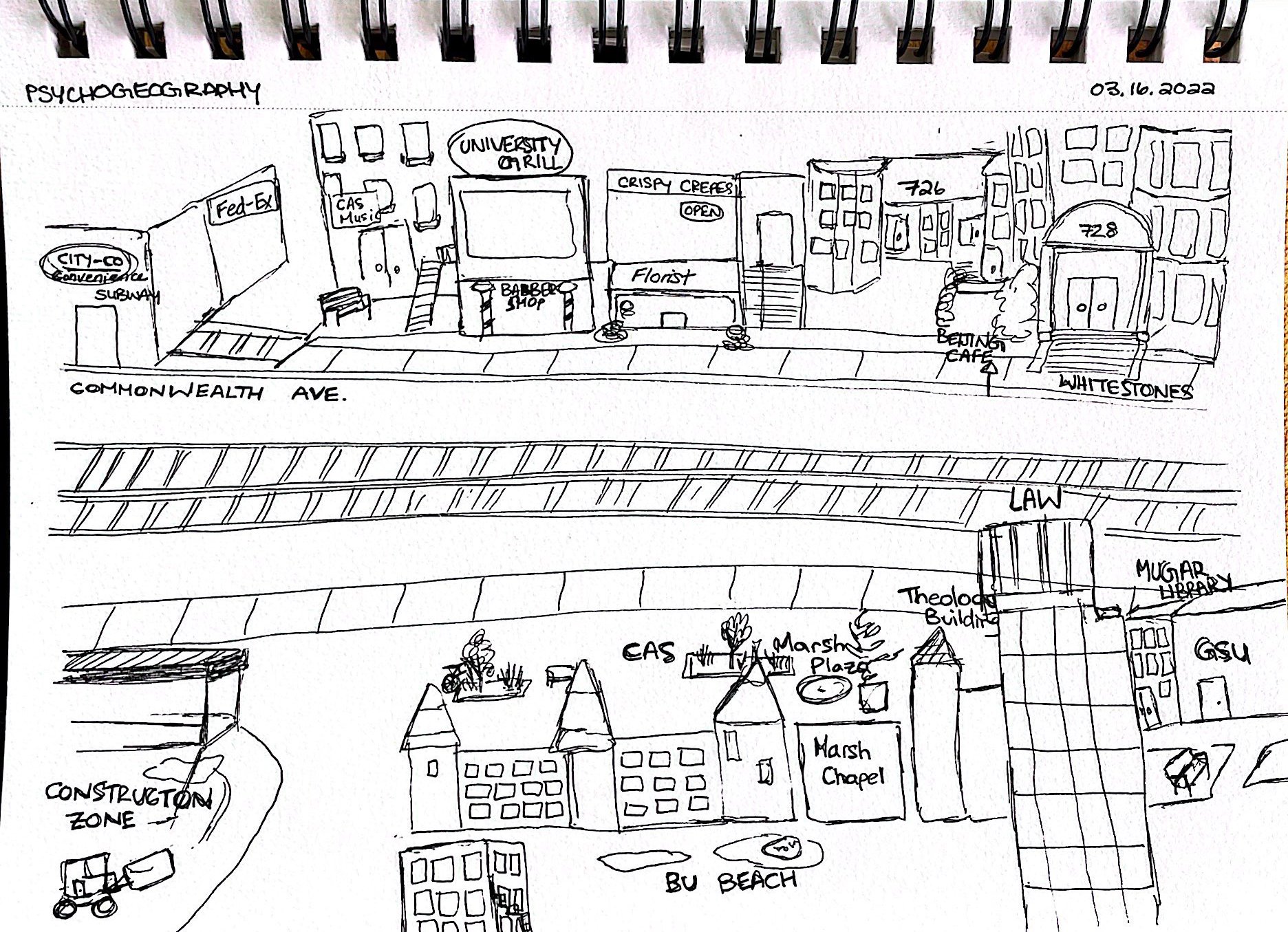 A map drawing of Commonwealth Ave in Boston, Massachusetts, depicting the Boston University area.