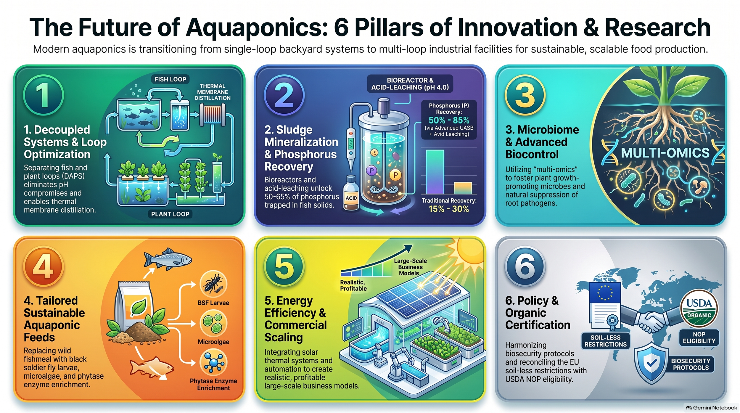 Infographic titled "The Future of Aquaponics: 6 Pillars of Innovation & Research" detailing six key areas for aquaponics development, including decoupled systems, sludge mineralization, microbiome control, sustainable feeds, energy efficiency, and policy certification, with illustrations of systems, plants, fish, and policy icons.