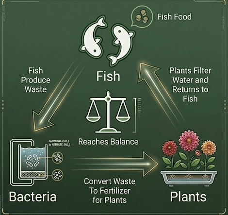 Diagram showing the fish farming process, with fish producing waste that bacteria convert to fertilizer for plants. Plants filter water and return it to the fish, creating a balanced system.