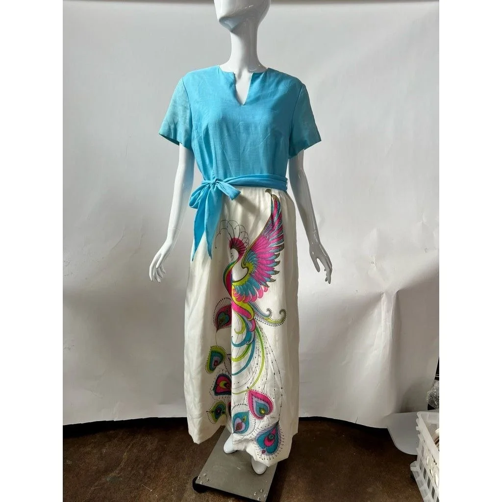 Alfred Shaheen Womens Printed Dress Blue White Peacock Front Tie Vintage 16  — Lifestylist