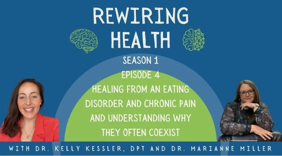 Podcast cover image for "Rewiring Health" featuring Season 1, Episode 4 titled "Healing from an Eating Disorder and Chronic Pain and Understanding Why They Often Coexist" with Dr. Kelly Kessler and Dr. Marianne Miller, with illustrated brain graphics and photos of the hosts.