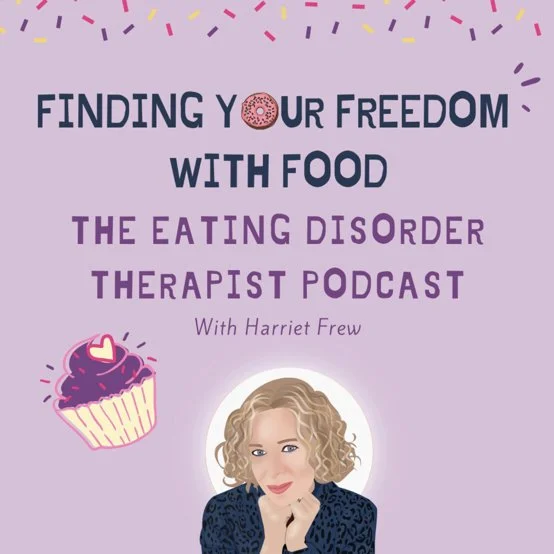 A purple background with a drawing of eating disorder Harriet Frew and a cupcake | Try our binge eating program | B18 B32 B11
