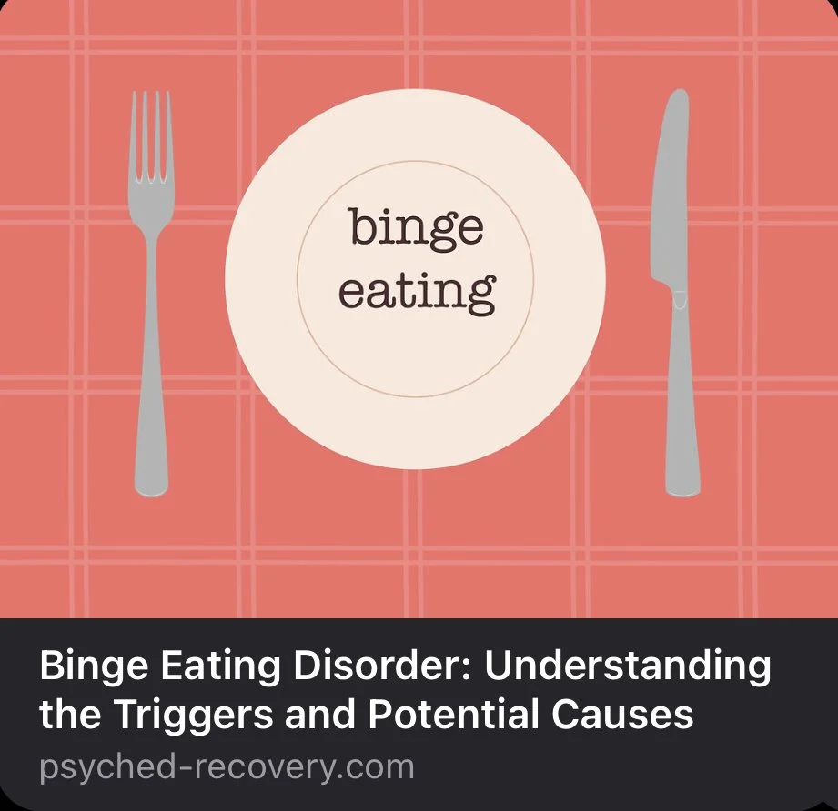 A plate with a fork and knife on either side. On the plate is written, "binge eating." Want to work with a binge eating therapist? You can also check out our online binge eating program.