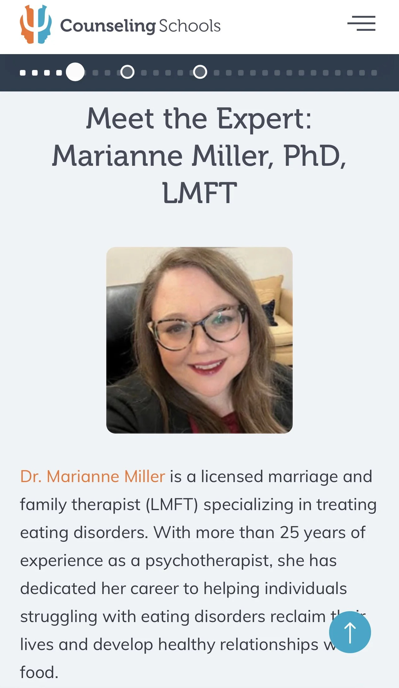 Images of faces in profile view looking away from each other, with the PsyChi symbol overlaid in white, with the words Counseling Schools on a white background. Learn more about San Diego eating disorder therapist Dr. Marianne Miller in this article.