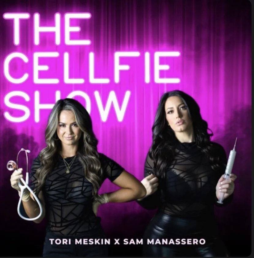 Promotional image for "The Cellfie Show" featuring two women with medical tools, including a stethoscope and syringe, on a pink backdrop with neon text.