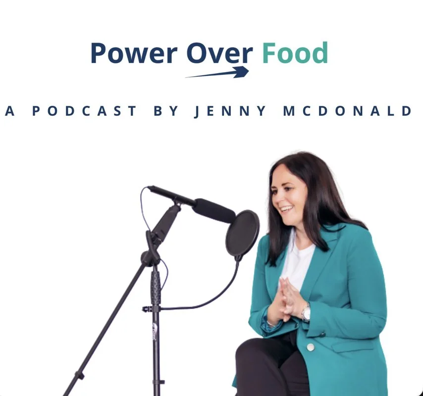 Podcast cover for 'Power Over Food' by Jenny McDonald featuring a woman speaking into a microphone.