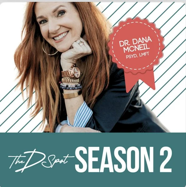 Picture of Dr. Dana McNeil, PsyD, LMFT, red-headed white woman with text The D Spot Season 2 in white on green background on bottom of picture. Listen to Dr. Marianne Miller, LMFT, from San Diego, California talk about the eating disorder cycle.