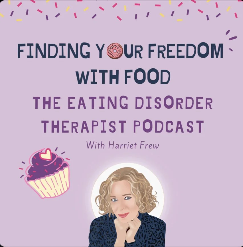 Cover art for "Finding Your Freedom with Food: The Eating Disorder Therapist Podcast" featuring illustrated portrait of a woman, with text and cupcake design on a purple background.