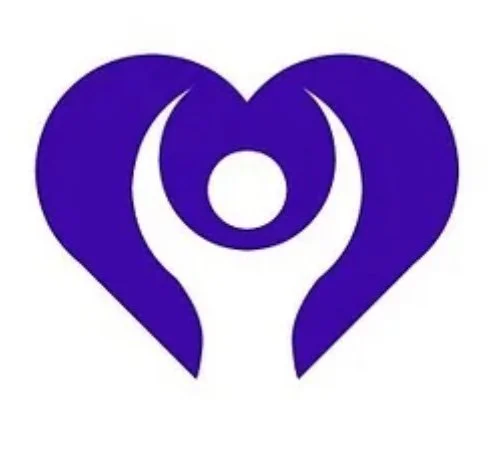 Abstract design of a person with arms raised, forming a heart shape, in purple.