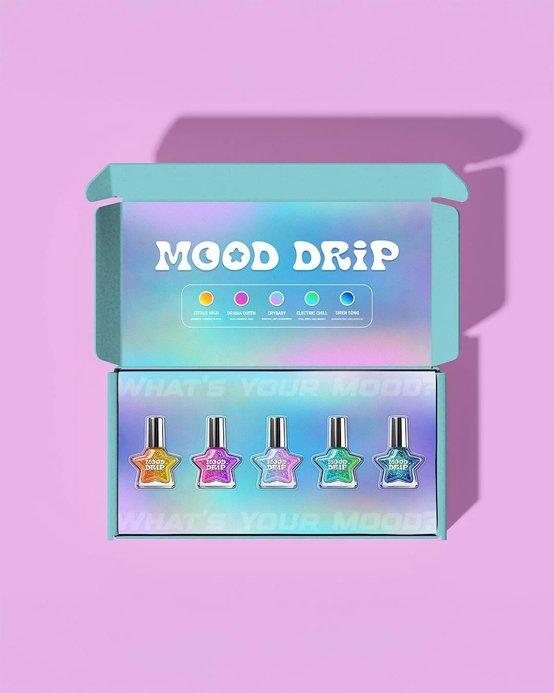 Packaging for Mood Drip 🌟🌈 #y2kaesthetic #packagingdesign #beautybrand #nailsdesign #graphicdesigner #designbywomen