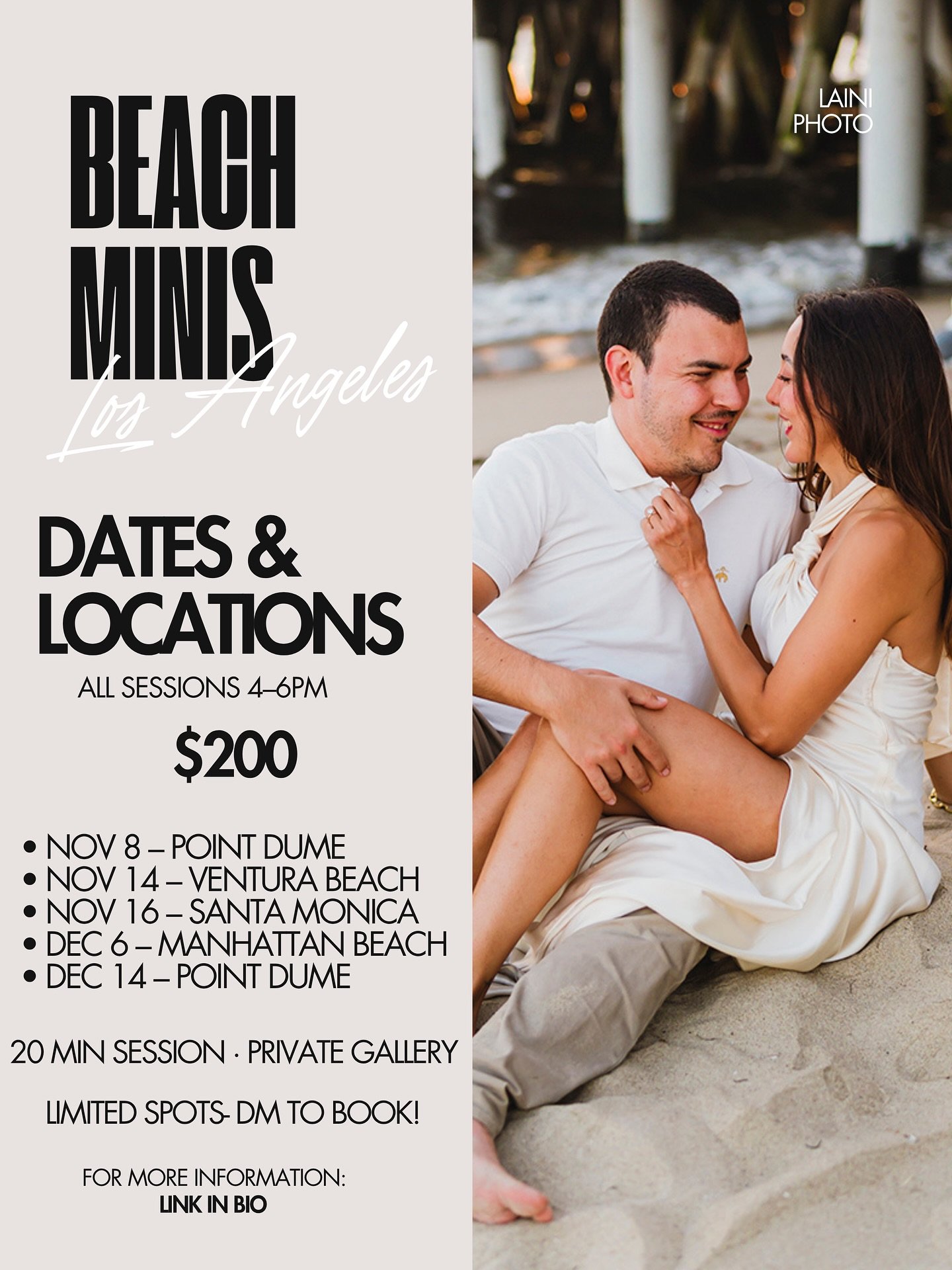 Beach mini season is here ✨
Let&rsquo;s chase golden hour together: just you, your people, and the ocean.

I&rsquo;ll be at:
🌊 Point Dume &ndash; Nov 8
☀️ Ventura Beach &ndash; Nov 14
🌅 Santa Monica &ndash; Nov 16
🌴 Manhattan Beach &ndash; Dec 6
?