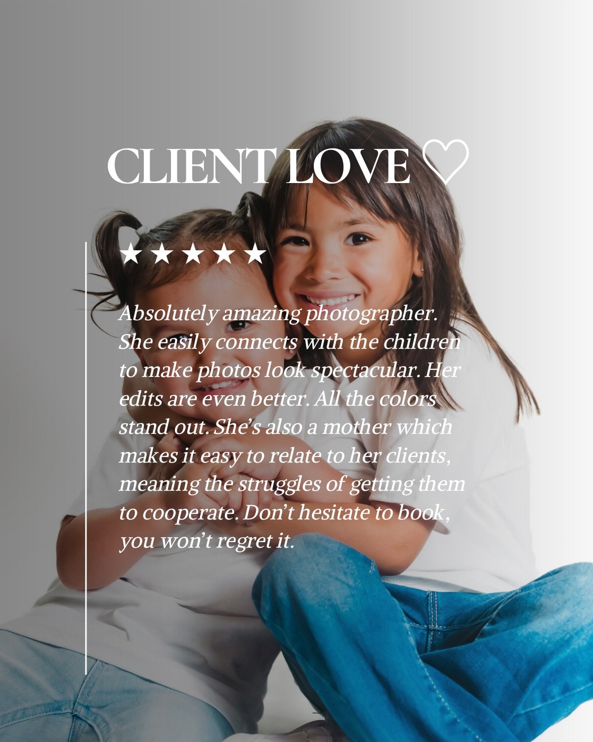 CLIENT LOVE 🤍

When parents tell me I connect easily with their children, that&rsquo;s everything. The magic doesn&rsquo;t come from stiff poses, it comes from trust, comfort, and letting kids be kids. 😌

As a mom, I understand the energy of family