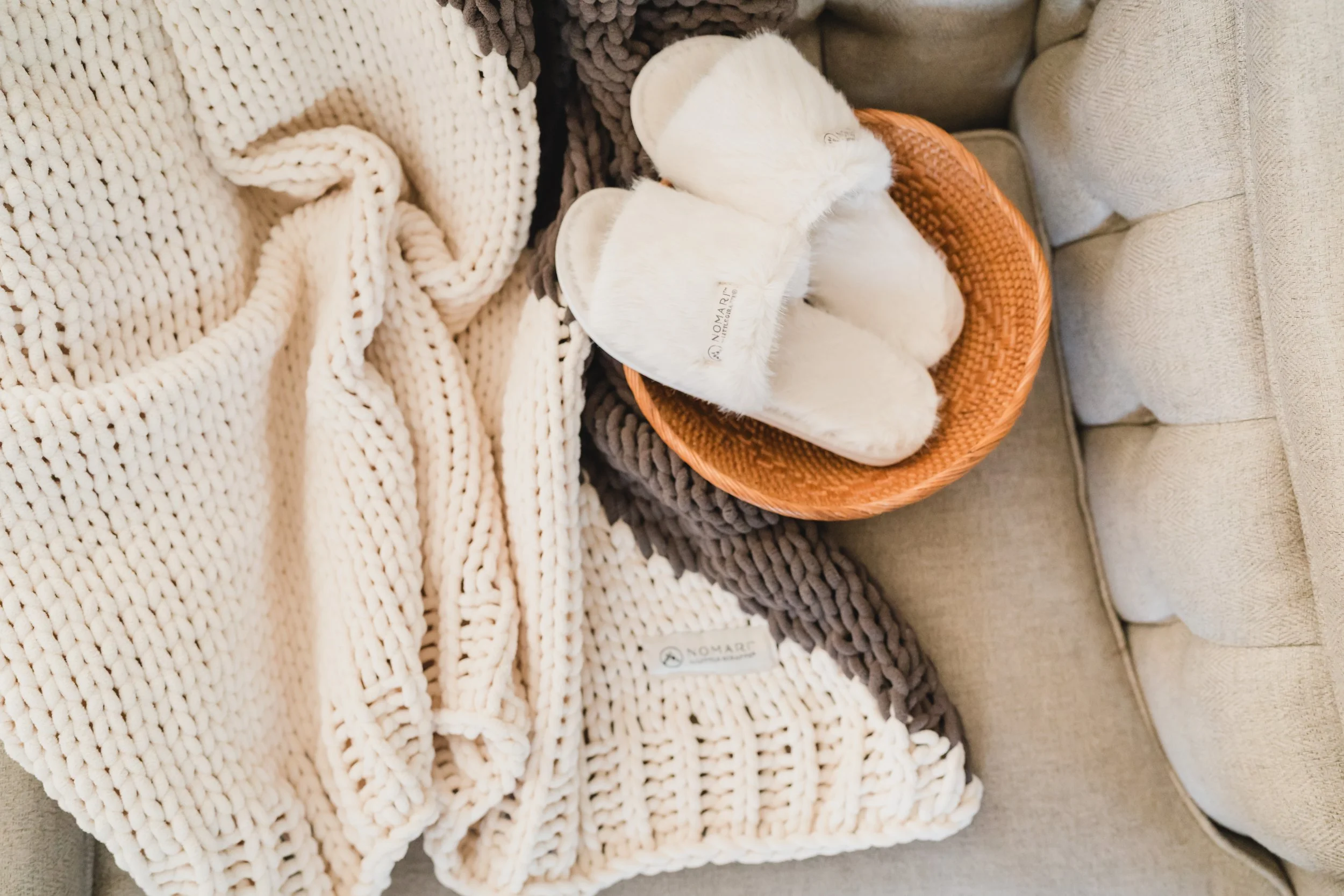 Luxury knit blanket and cozy slippers by Little Giraffe styled in natural light in Indiana home session