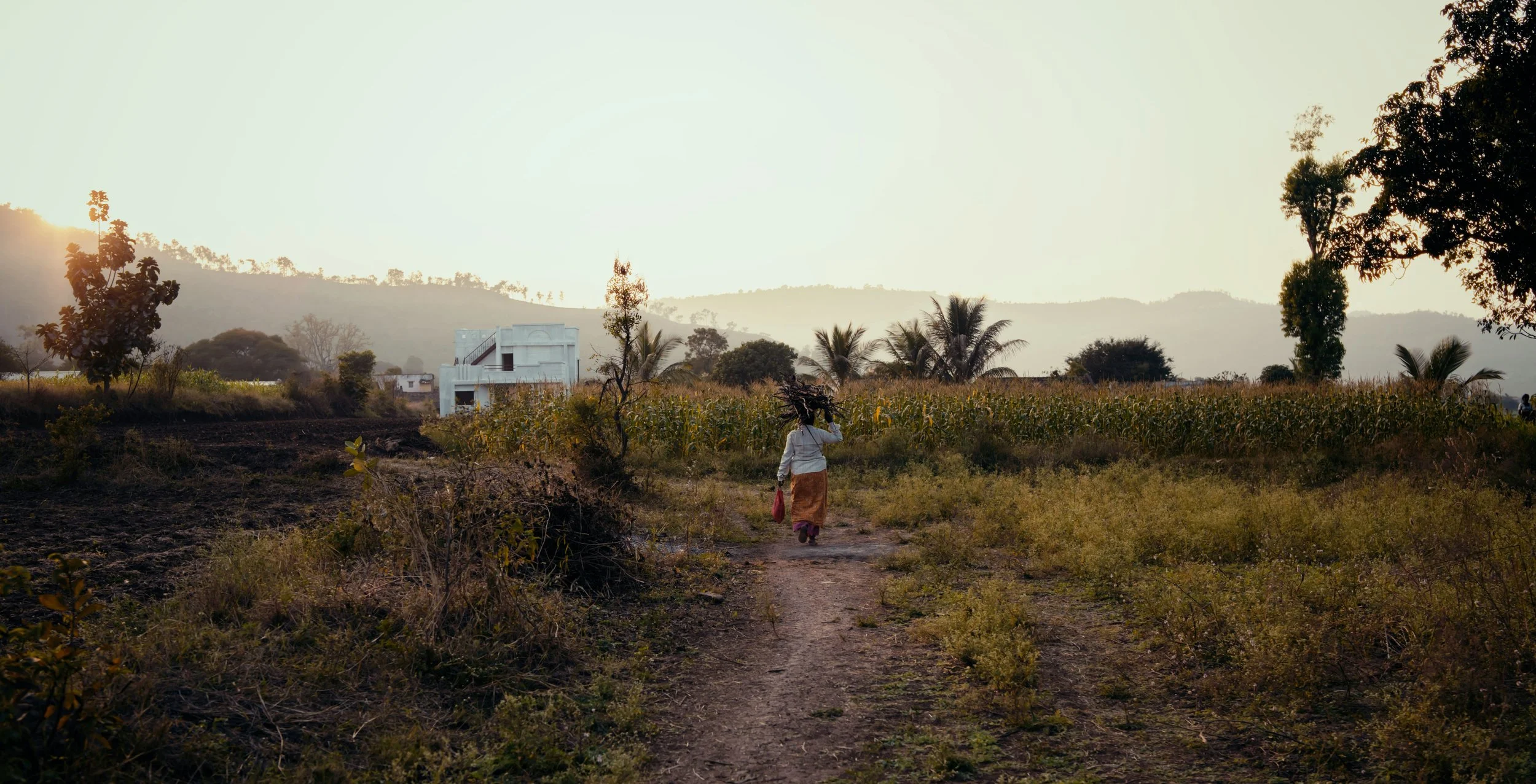 A woman walking down a dirt path in a rural landscape during sunset, carrying a bundle of sticks on her head and holding a red bag.