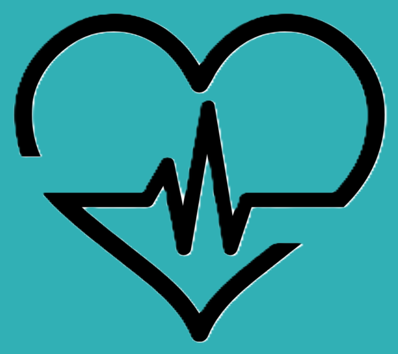 Black outline of a heart with a heartbeat line inside, on a teal background.