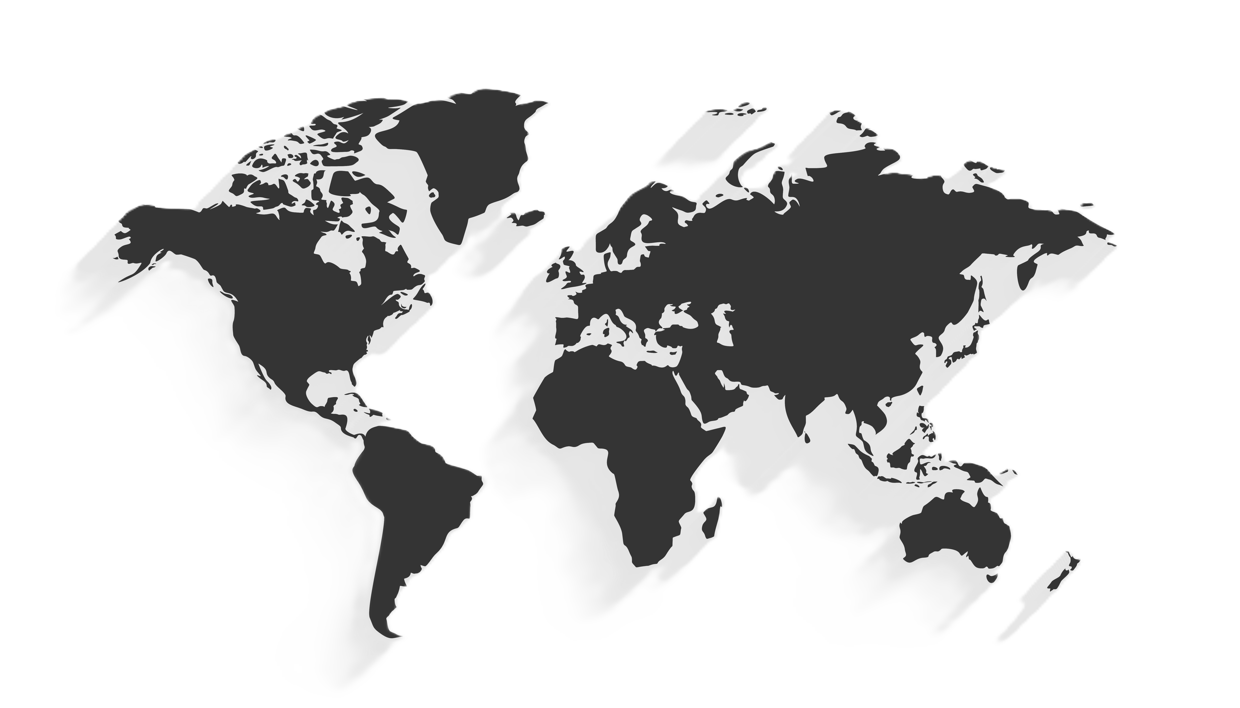 A world map with continents in dark gray and oceans in light gray.