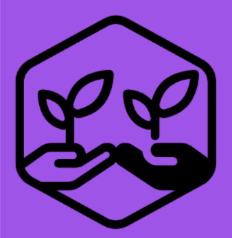 A black outline of two hands holding a pair of small plant seedlings inside a hexagon, set against a purple background.