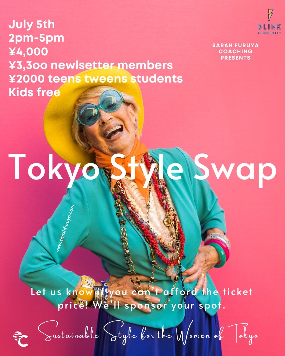 Are you joining the swap on July 5th 2pm-5pm at Blink Roppongi?

Join us for:
✅ Feel-good fashion
✅ Make space in your closet
✅ Uplifting vibes + real connections
✅ You&rsquo;ll look AND feel amazing

Hosted by Sarah Furuya Coaching &mdash; this is m