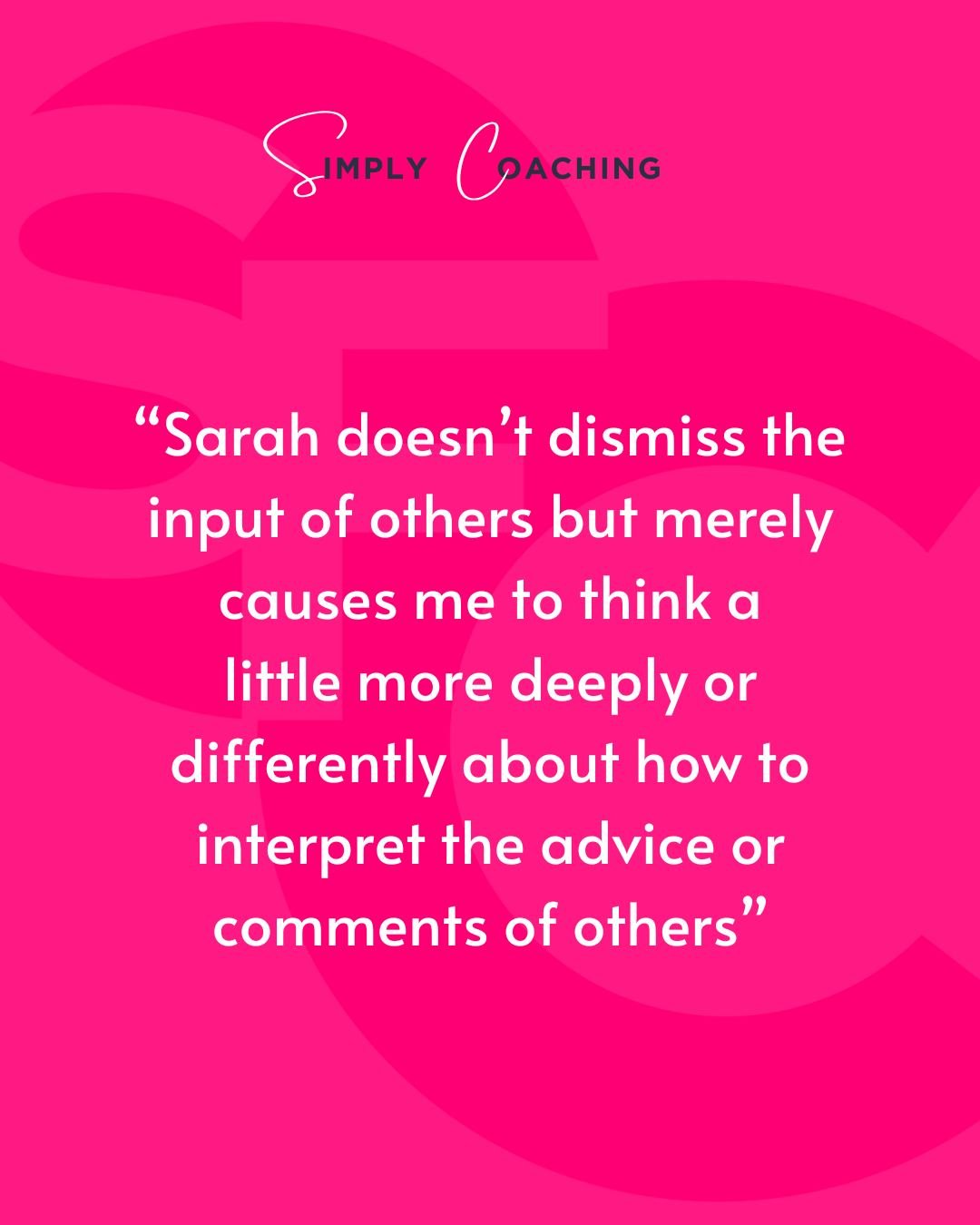 &ldquo;Sarah doesn&rsquo;t dismiss the input of others but merely causes me to think a little more deeply or differently about how to interpret the advice or comments of others&rdquo;

Coaching spaces now open - Book a discovery call today: https://s