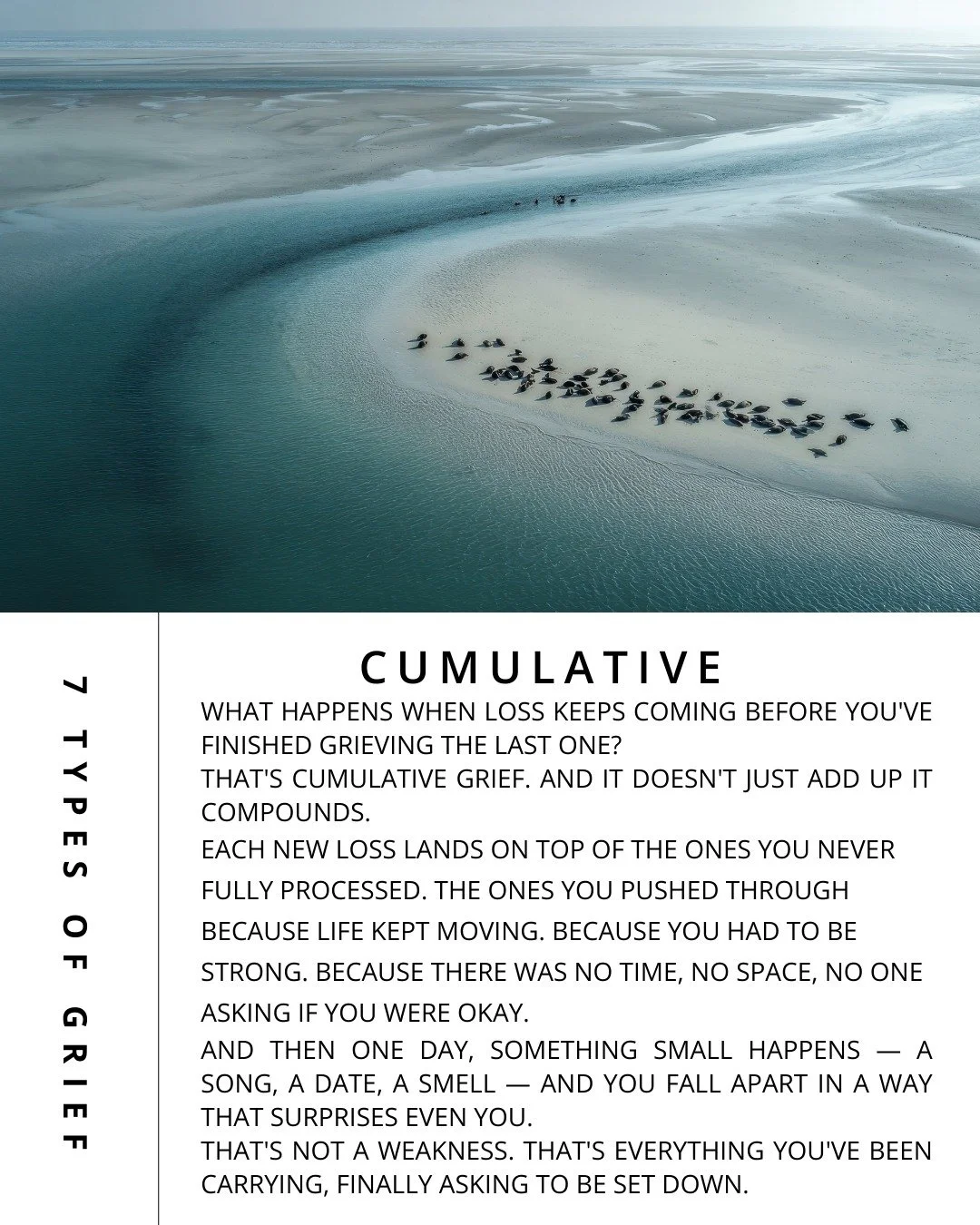 💭Did you know there are 7 types of grief?💭

Grief is not one size fits all. It shows up in many ways, and every experience is valid.

What happens when loss keeps coming before you've finished grieving the last one?

That's cumulative grief. And it