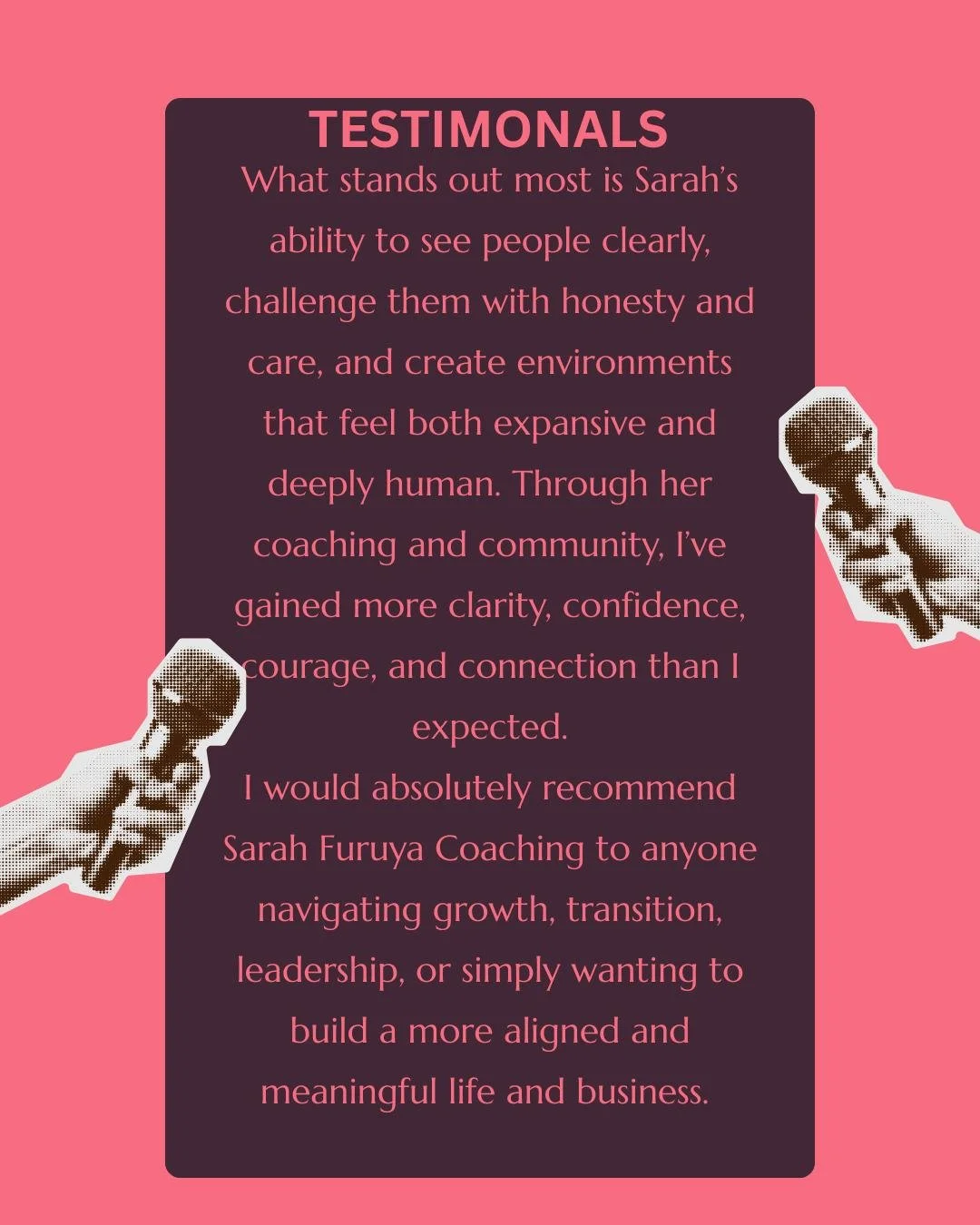 When clients share their experience, it helps me grow as a practitioner and helps others understand what this kind of support can really feel like.

"What stands out most is Sarah&rsquo;s ability to see people clearly, challenge them with honest