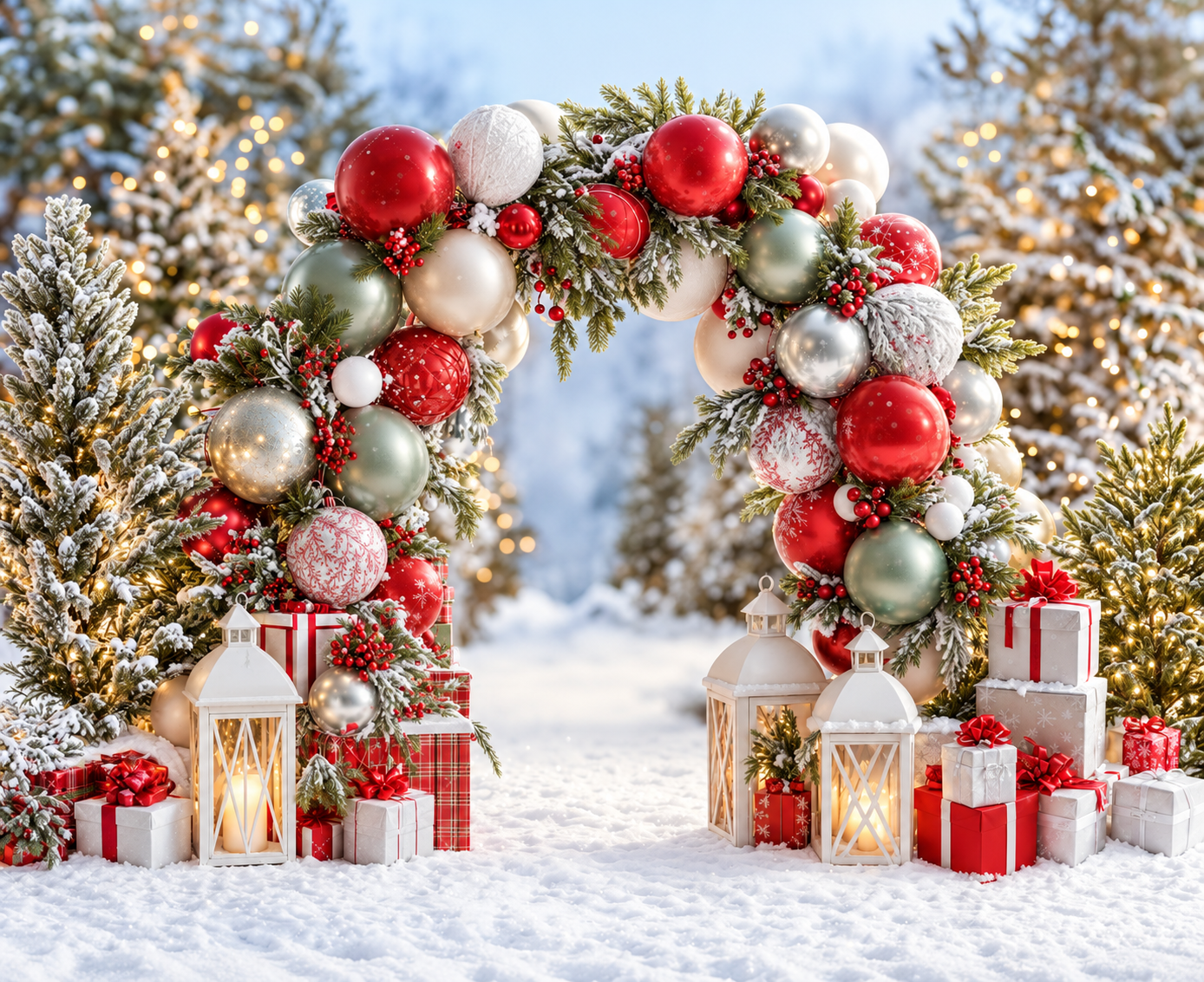 Christmas wreath decorated with red, white, and silver ornaments, with presents and lanterns underneath, all set outdoors with snow and snowy trees in the background.