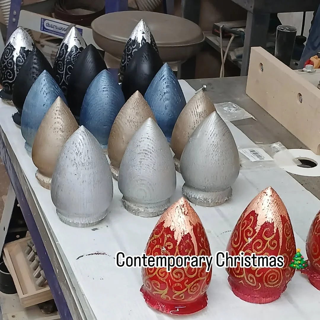 Variety is the spice of life. 

I'm trying a new thing. I've done the traditional trees and wanted something a little more 21st century. 

Basic tree shape coloured and topped with gilding before applying a hand finished pattern. 

WI'm wondering wha