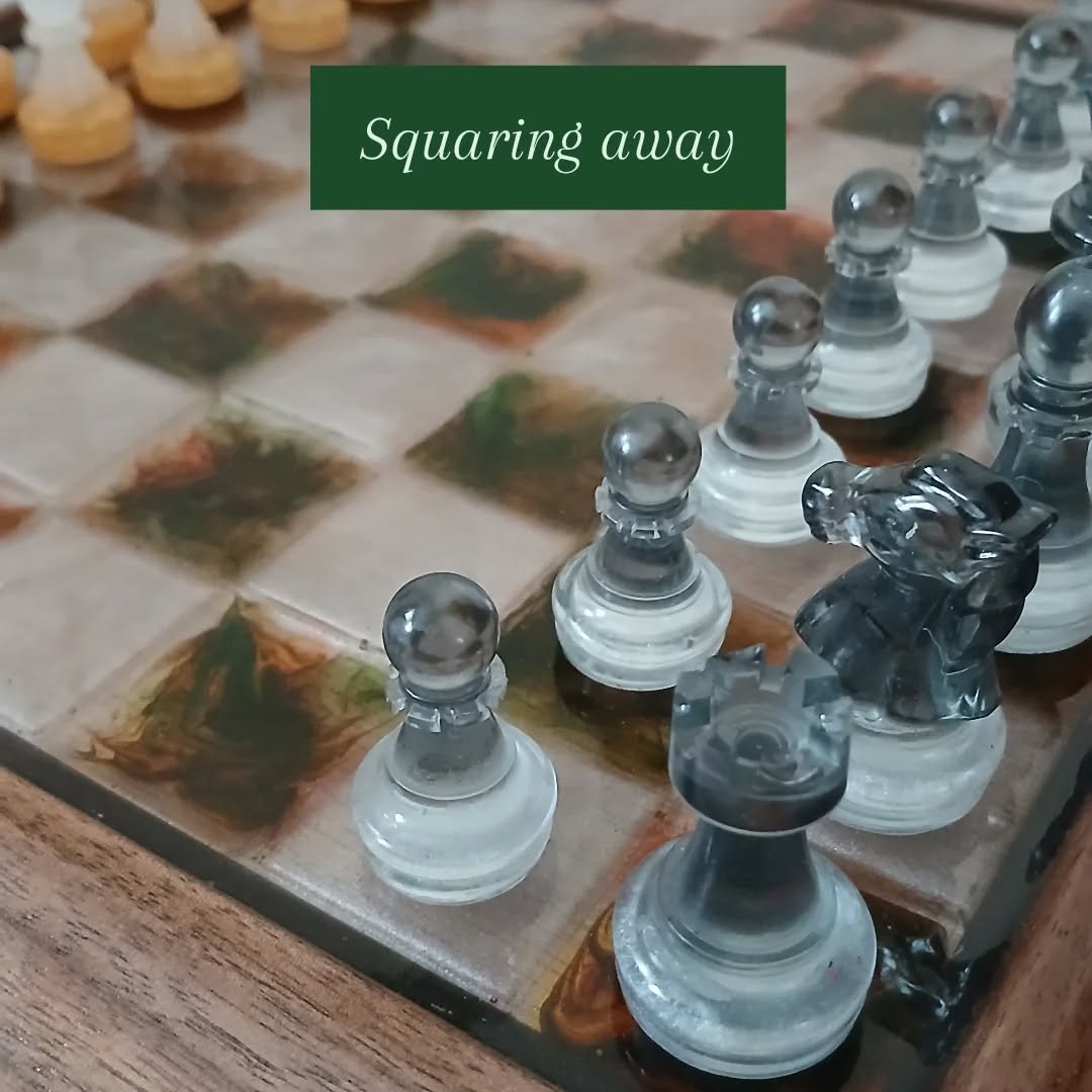Tidying up. 

We're coming towards the end of the year and I'm squaring away some pieces that have sat on the 'to finish ' shelf for far to long. 

Resin chess board with a walnut surround. I'll be taking this to Handmade in Ayr on Thursday night for
