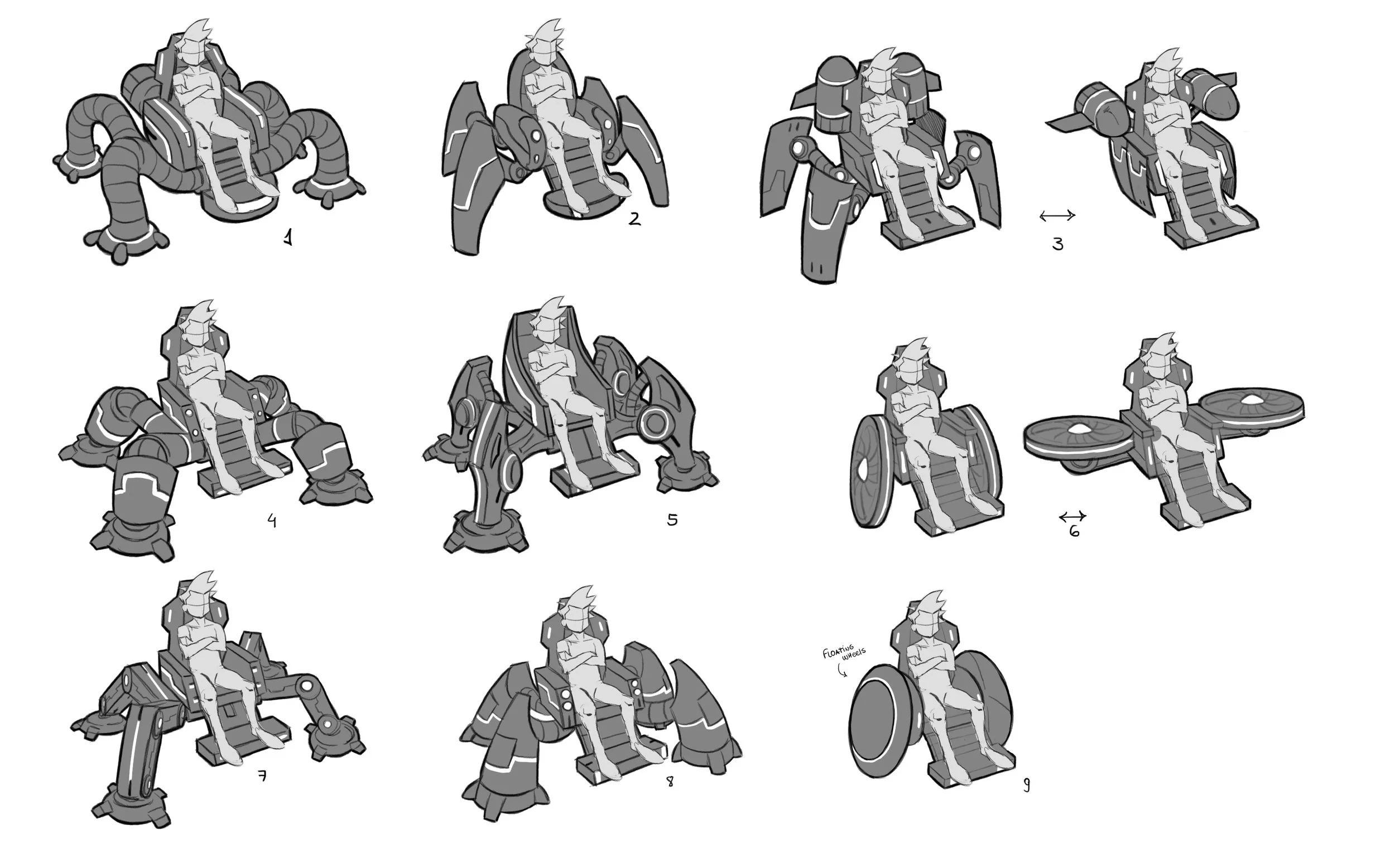 Explorations on Cub's wheelchair. Since this is avatar form, anything is possible so I thought adding mech legs to it. But due to animation limitations, we went for the traditional wheels instead.