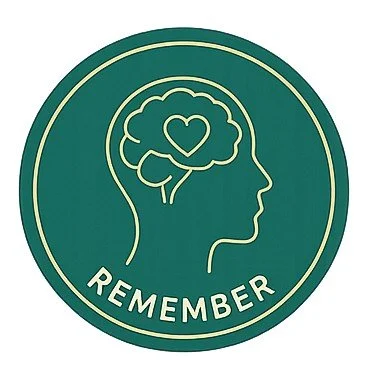 Outline of a person's head with a brain containing a heart, and the word 'REMEMBER' below, all within a circular border.