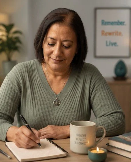 Woman writing in a notebook at a desk with a mug, a small candle, and a stack of books, with a framed poster in the background.