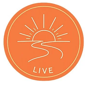 An orange circular logo with a stylized sunset, river, and sun rays, and the word 'LIVE' at the bottom.