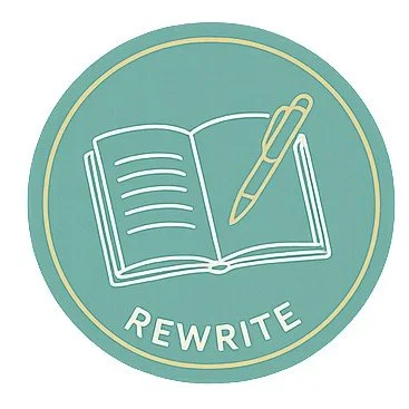 A circular icon with a green background and a gold border. Inside, there is a white outline of an open book with a pen on top. Below the book, the word "REWRITE" is written in white capital letters.