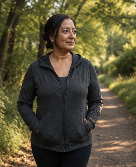 woman standing outdoors on a dirt path in a forest with sunlight filtering through trees, wearing a dark hoodie and black pants