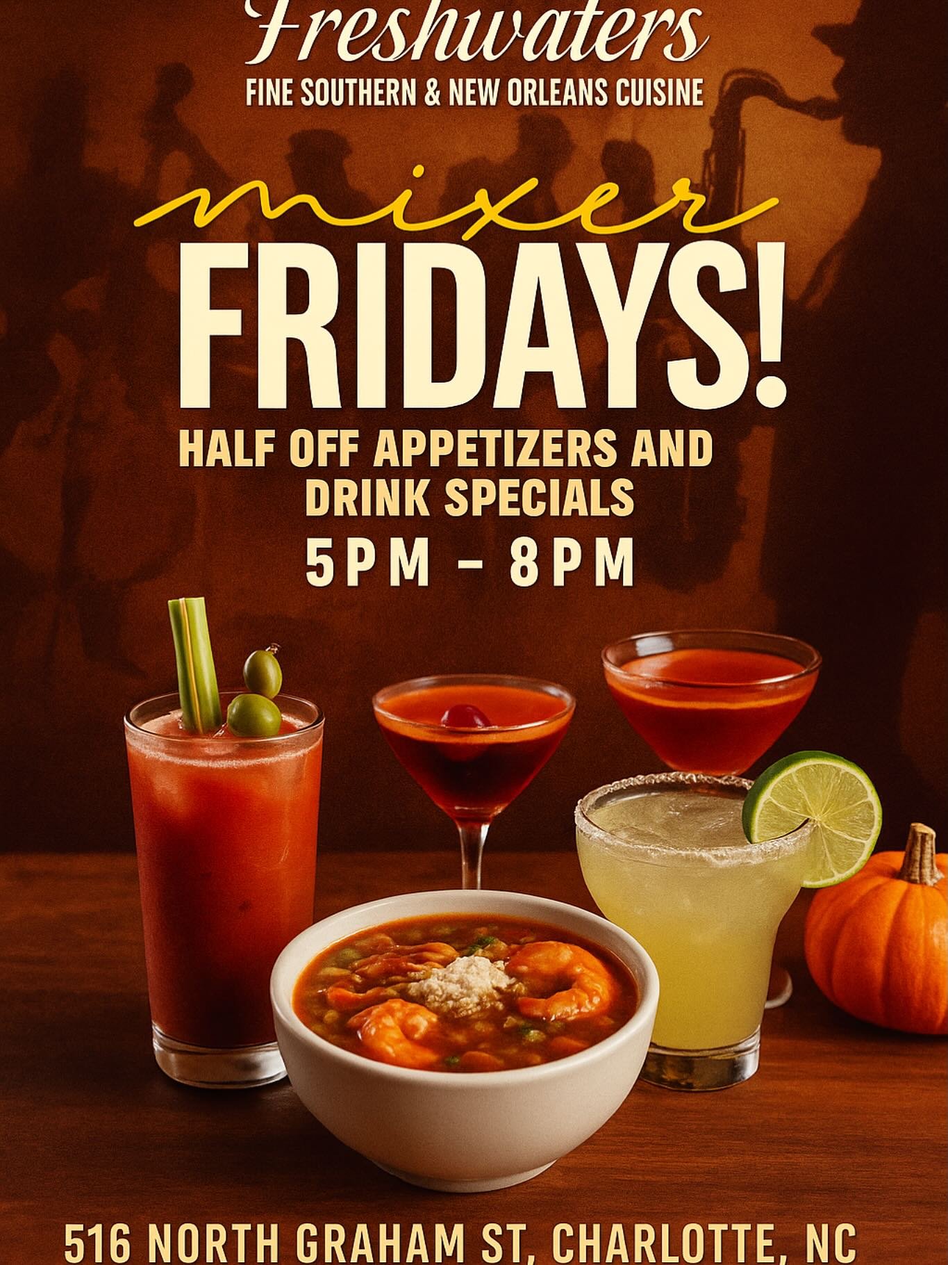 ✨🍹 It&rsquo;s Mixer Fridays at Freshwaters! 🎶
Unwind after a long week with drink specials + half-off appetizers from 5&ndash;8 PM.
📍 Freshwaters Restaurant | 516 N. Graham St, Charlotte NC
You don&rsquo;t want to miss the vibes! Grab your crew an